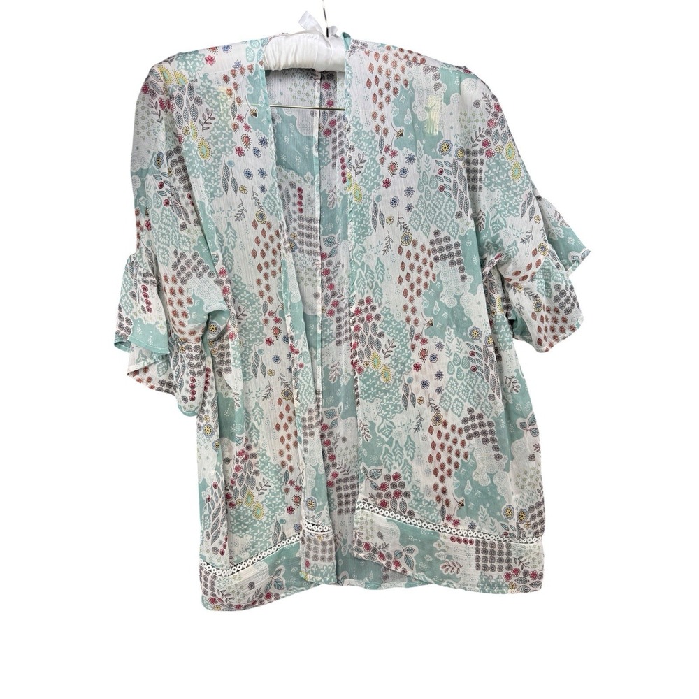 Love Tree Small Boho Floral Kimono Cardigan Mint Green Sheer Open Front Cover Up